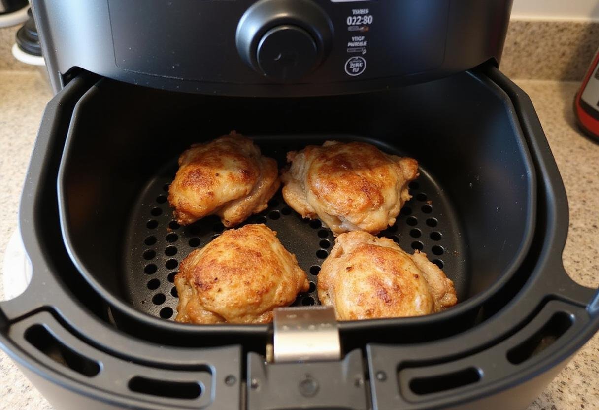 Air fryer filled with curry chicken thighs ready for cooking, highlighting the convenience of the air fryer in meal preparation.