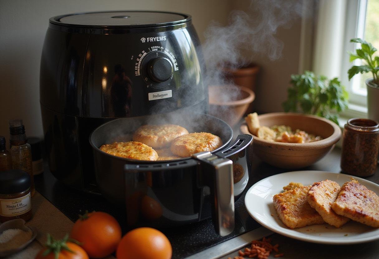 Air fryer in action with curry chicken thighs cooking, emphasizing the aroma and delicious preparation process.