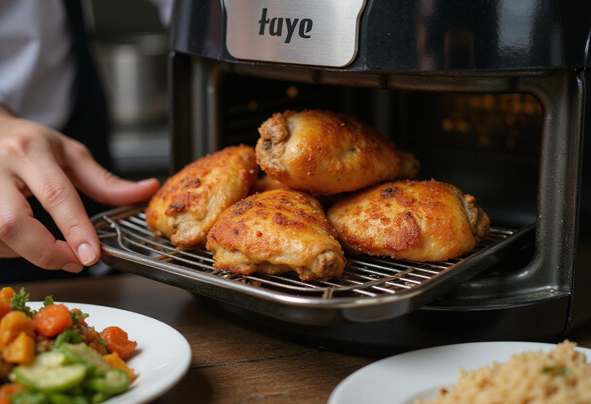 Cooked air fryer curry chicken thighs being taken out, emphasizing the golden-brown and crispy texture of the flavorful dish.