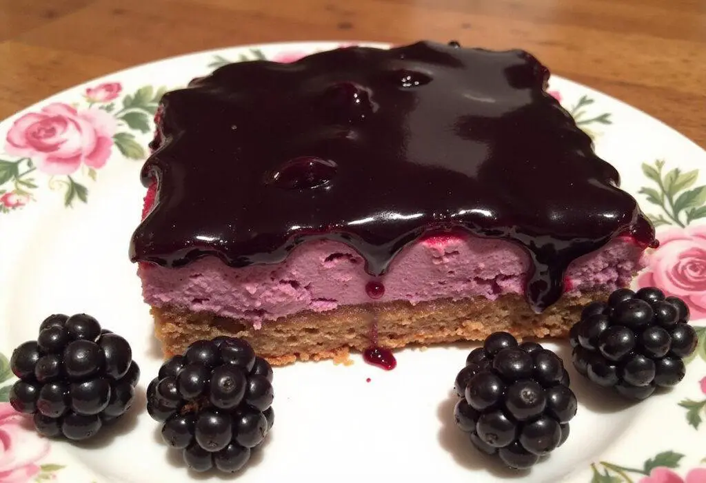 Completed Forbidden Forest Blackberry Cheesecake Bars with a Midnight Glaze, showcasing a luscious slice decorated with a midnight glaze and fresh berries on a decorative plate.