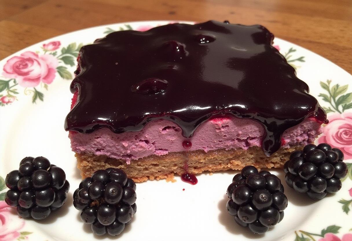 Completed Forbidden Forest Blackberry Cheesecake Bars with a Midnight Glaze, showcasing a luscious slice decorated with a midnight glaze and fresh berries on a decorative plate.