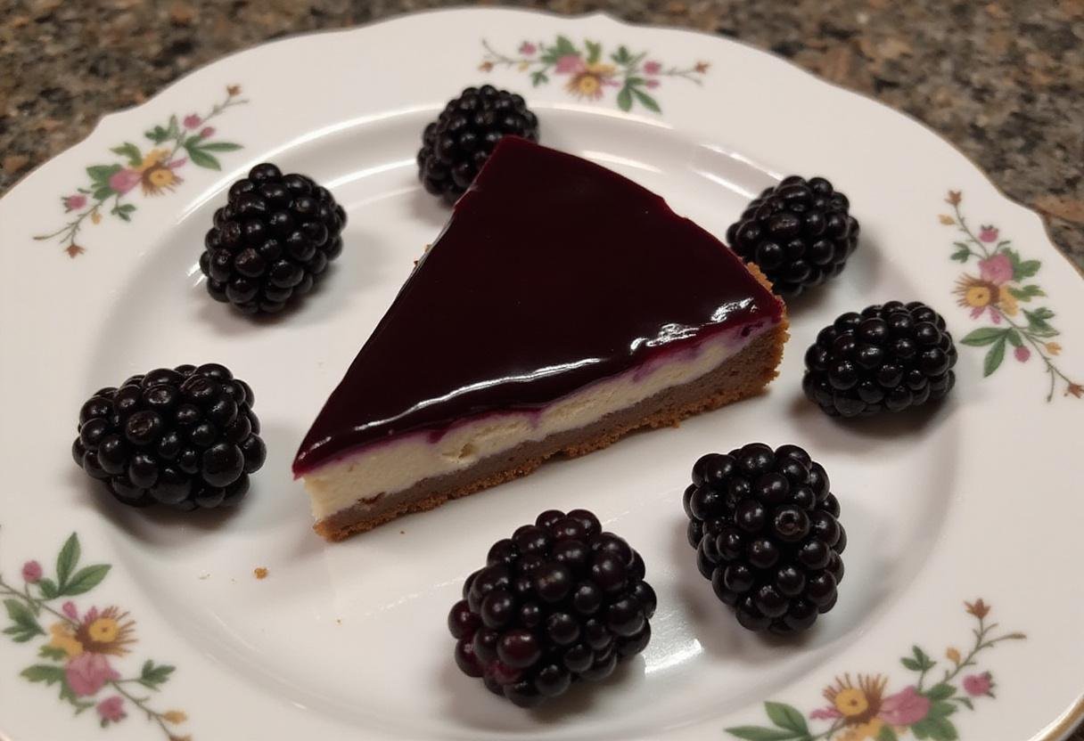 Completed Forbidden Forest Blackberry Cheesecake Bars with a Midnight Glaze, showcasing a luscious slice decorated with a midnight glaze and fresh berries on a decorative plate.