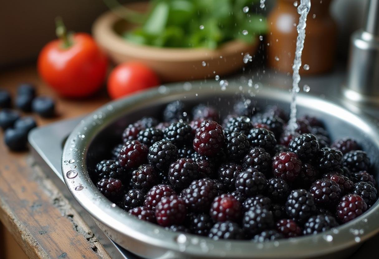 Fresh blackberries being washed for Forbidden Forest Blackberry Cheesecake Bars with a Midnight Glaze, showcasing vibrant and juicy berries in a rustic kitchen.