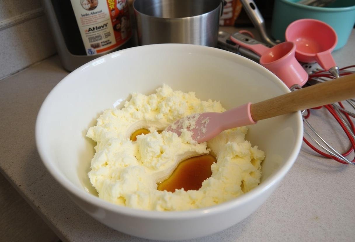 Cream cheese mixture prepared for Forbidden Forest Blackberry Cheesecake Bars with a Midnight Glaze, highlighting the creamy texture on a well-organized kitchen workspace.