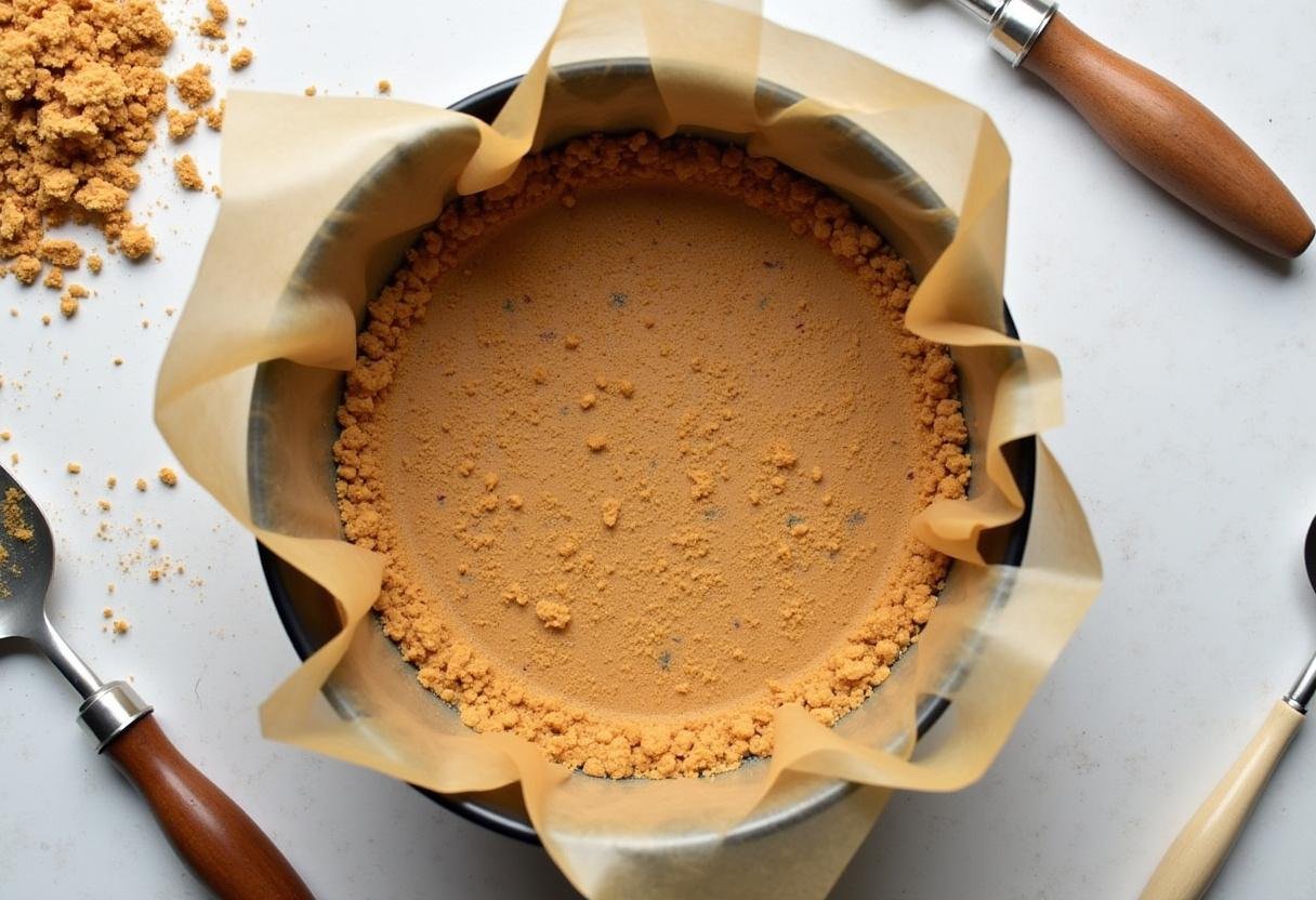 Crust preparation for Forbidden Forest Blackberry Cheesecake Bars with a Midnight Glaze, illustrating the process of pressing a graham cracker crust in a baking dish.