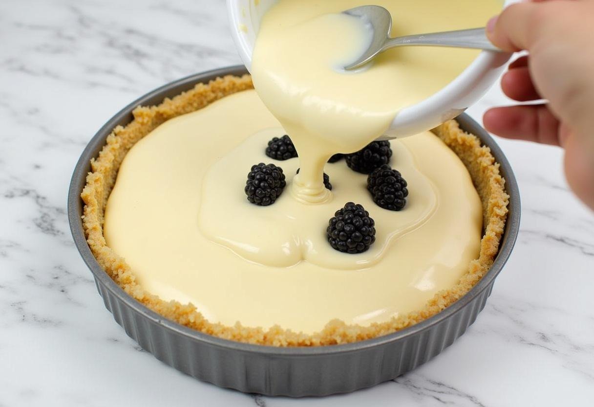 Pouring the cheesecake batter with swirled blackberries for Forbidden Forest Blackberry Cheesecake Bars with a Midnight Glaze, captured in a modern kitchen setting.