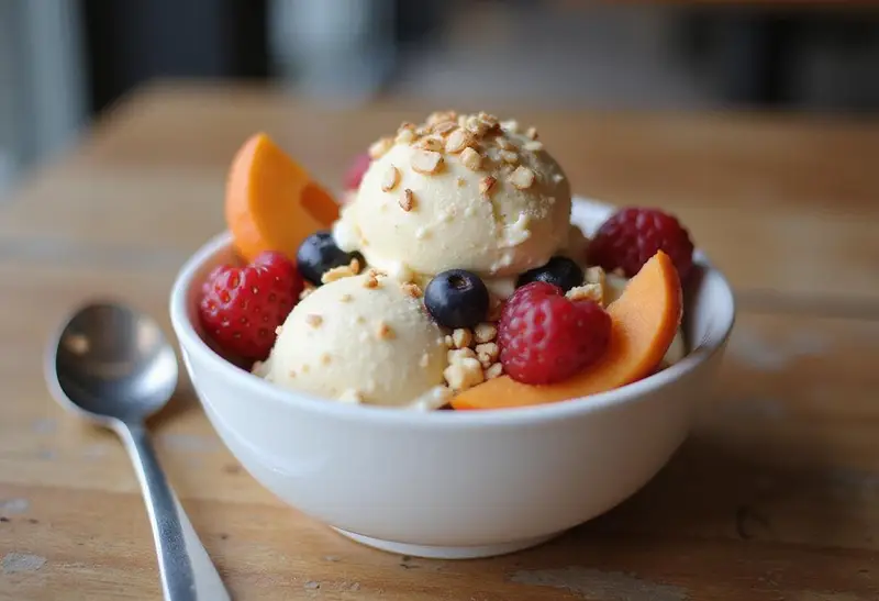 Delicious bowl of gluten-free ice cream topped with fresh fruits and nuts, perfect for a delightful gluten-free dessert experience.