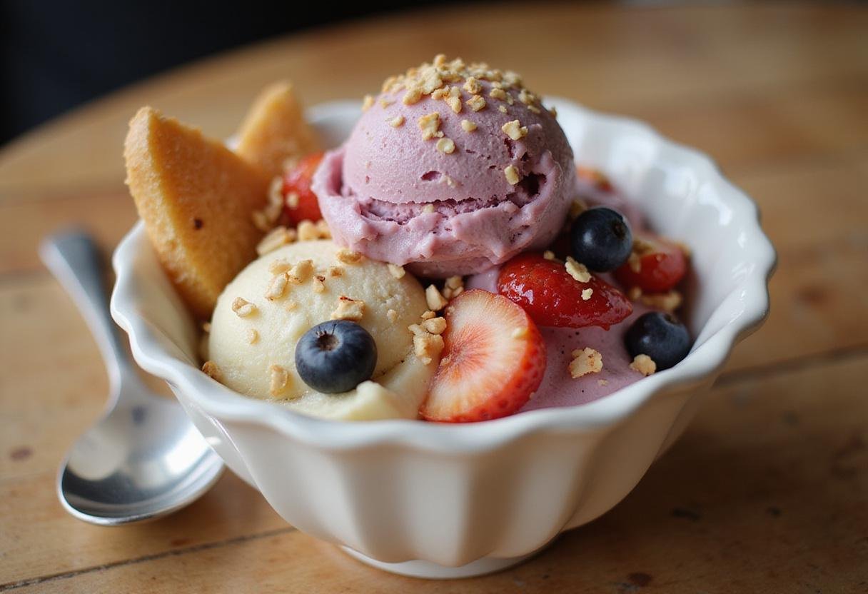 Delicious bowl of gluten-free ice cream topped with fresh fruits and nuts, perfect for a delightful gluten-free dessert experience.