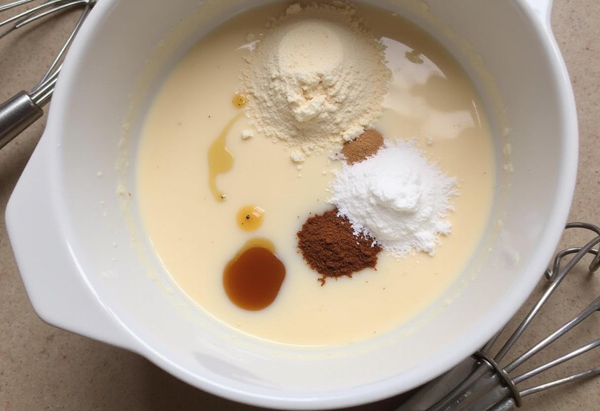 Gluten-free ice cream ingredients in a bowl, showcasing coconut milk, sweetener, and vanilla extract for a delicious dessert.
