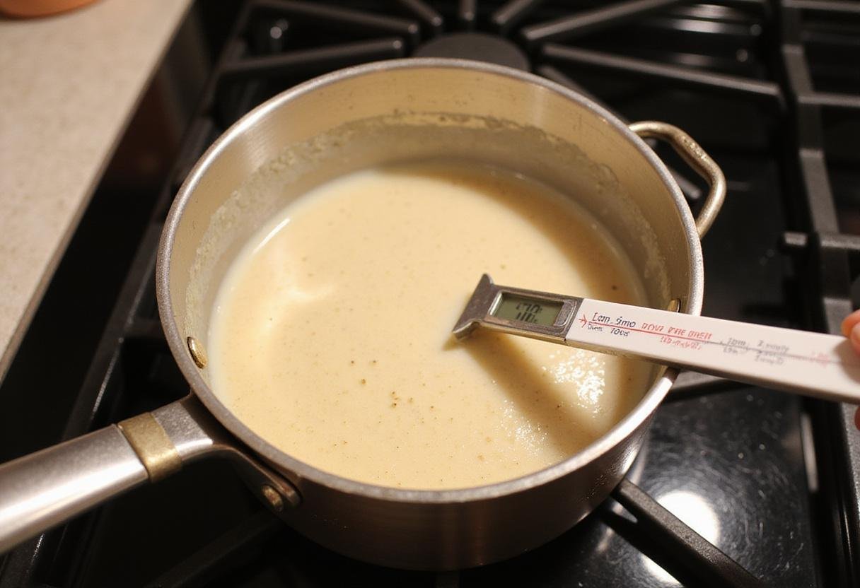 Heating gluten-free ice cream mixture in a saucepan, ensuring perfect texture and flavor for a creamy dessert.