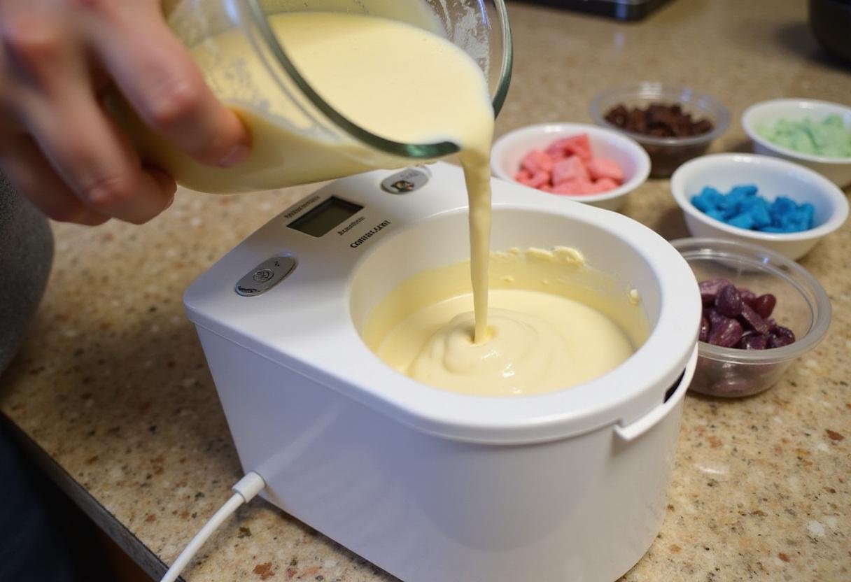 Pouring gluten-free ice cream mixture into an ice cream maker, ready to churn for a delicious gluten-free dessert.