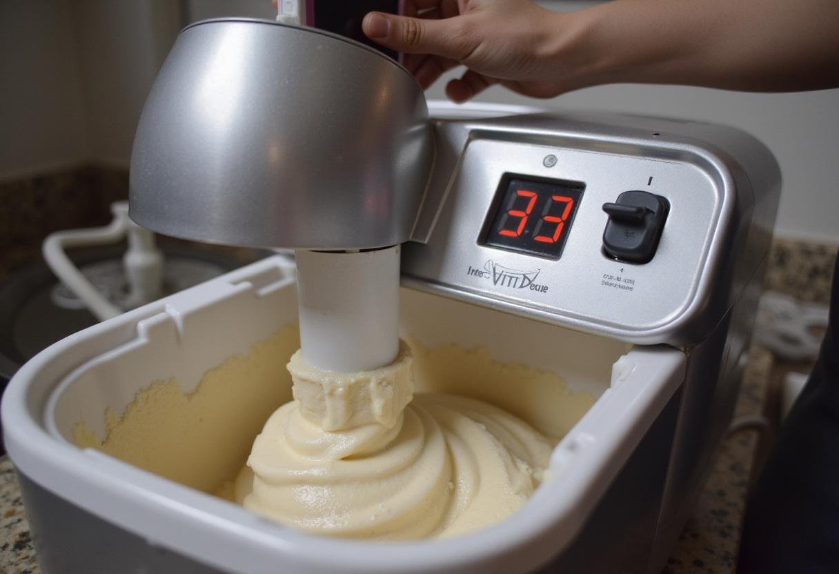 Churning gluten-free ice cream in an ice cream maker, creating a smooth and creamy texture for an indulgent treat.