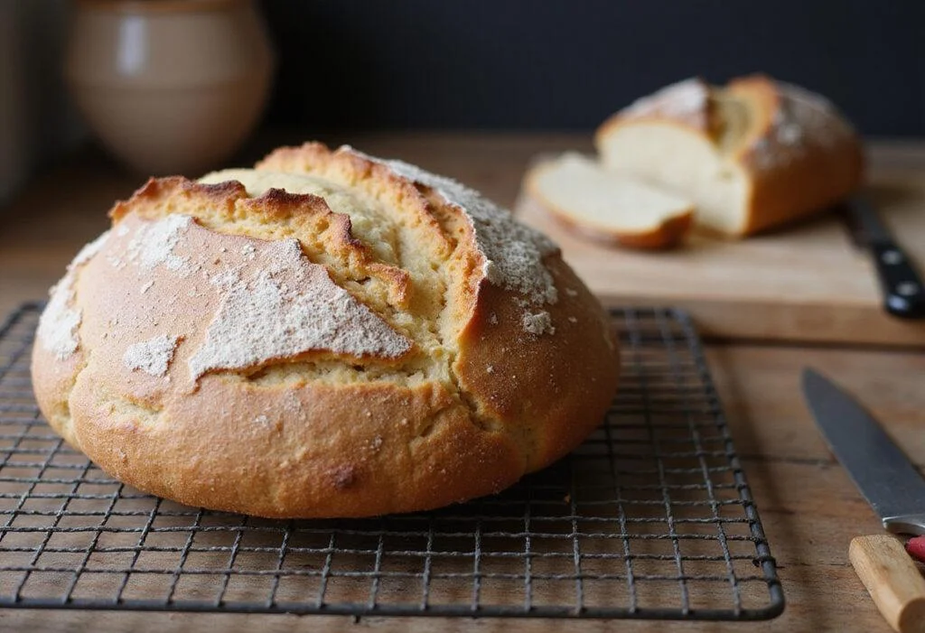 Freshly baked gluten free sourdough bread cooling on a wire rack with a rustic kitchen background.