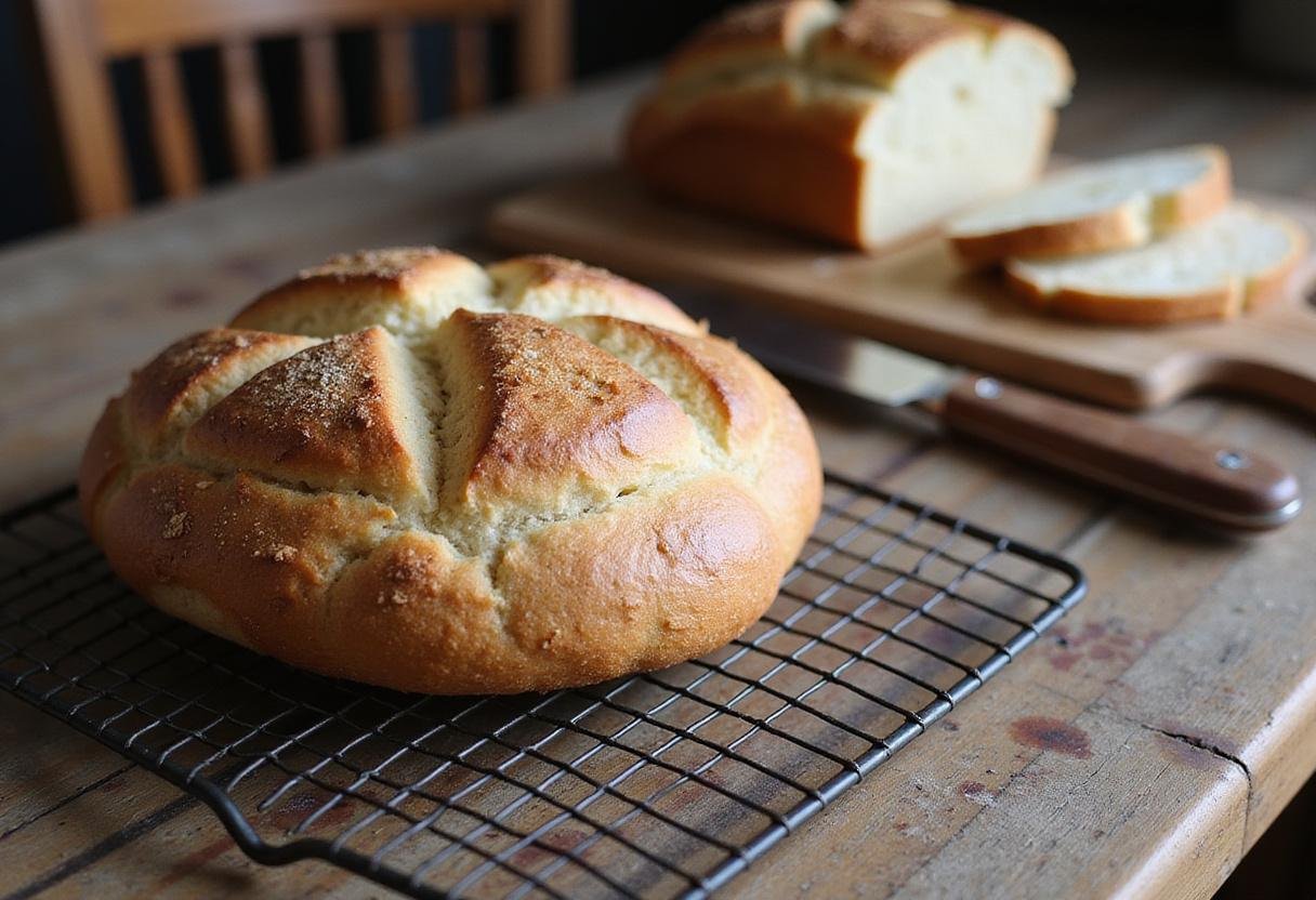 Freshly baked gluten free sourdough bread cooling on a wire rack with a rustic kitchen background.
