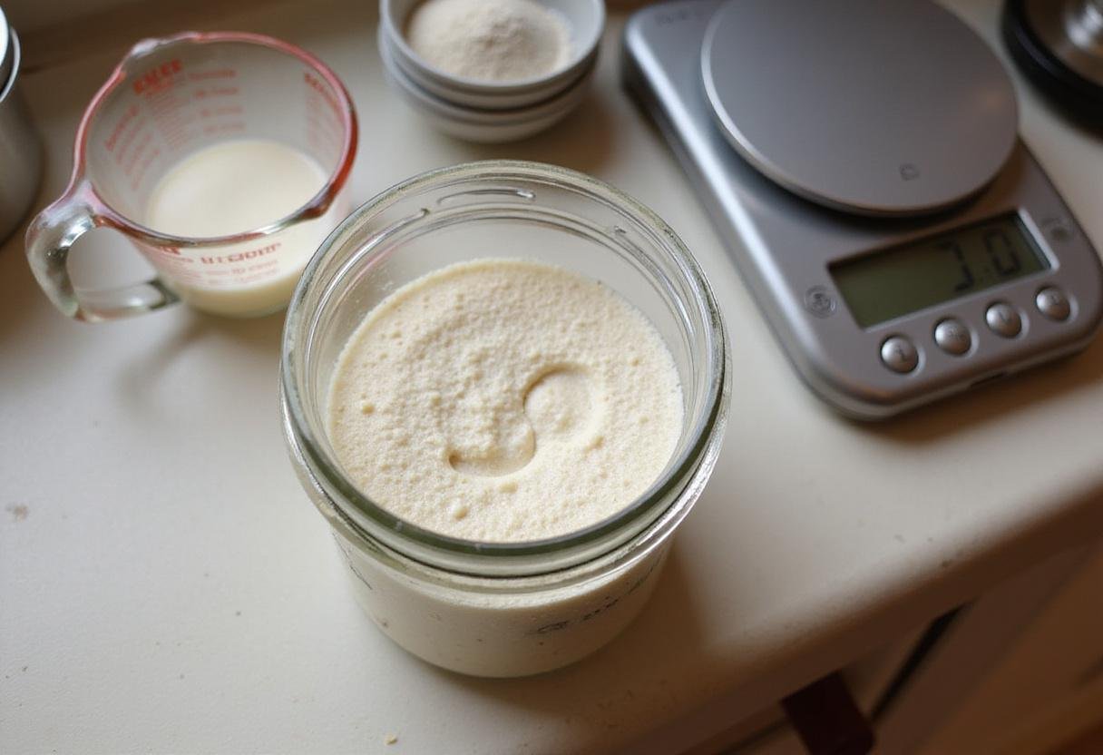 Bubbly active gluten free sourdough starter in a glass jar ready for baking gf sourdough bread.