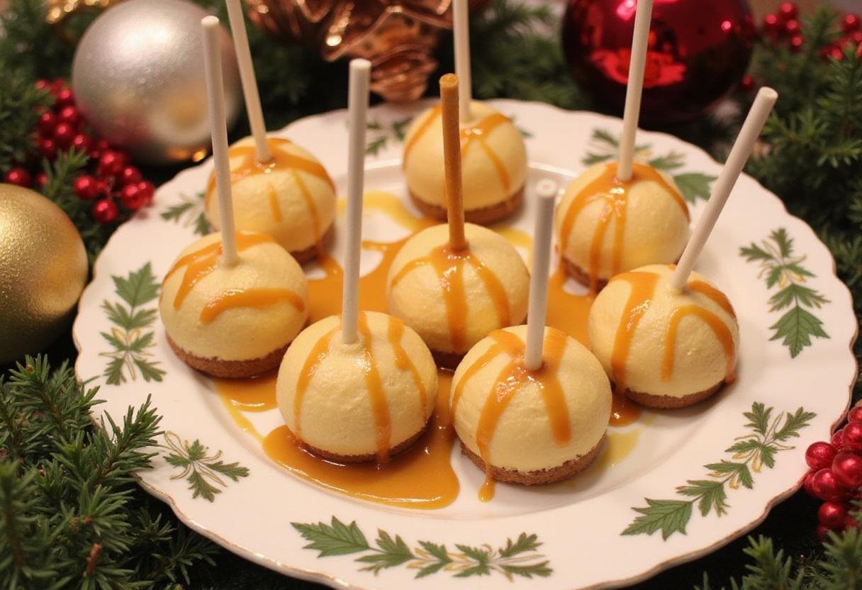 Final presentation of Golden Butterbeer Swirl Cheesecake Pops on a platter with butterscotch drizzle and festive decor.