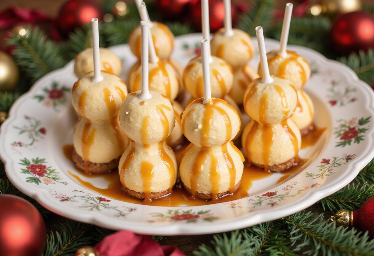 Final presentation of Golden Butterbeer Swirl Cheesecake Pops on a platter with butterscotch drizzle and festive decor.