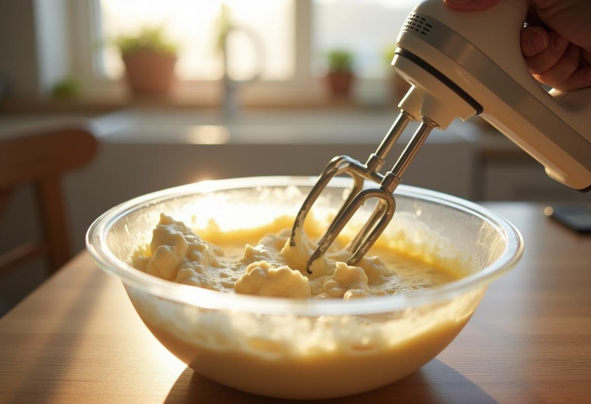 Golden Butterbeer Swirl Cheesecake Pops creamy mixture blending with sugar and vanilla extract in a warm kitchen.