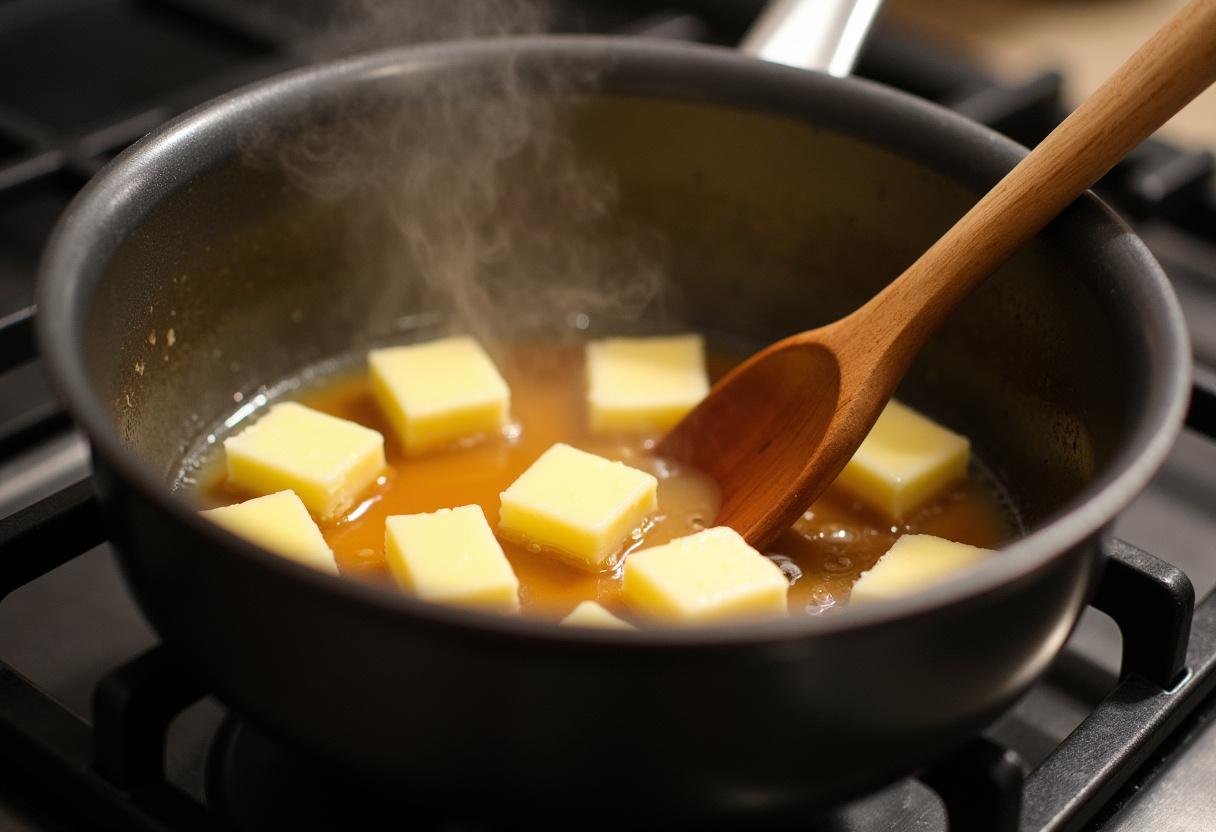 Golden Butterbeer Swirl Cheesecake Pops simmering butter and butterscotch syrup creating a rich sauce in a charming kitchen.