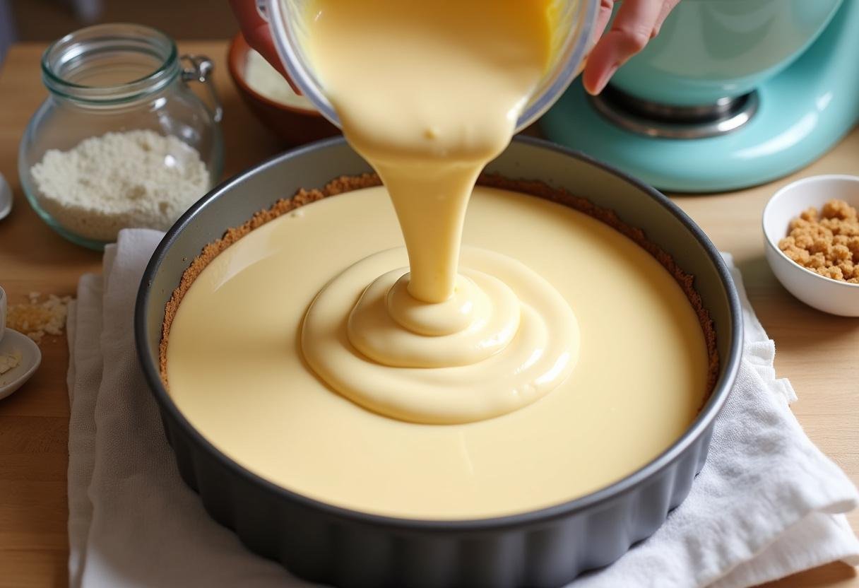 Golden Butterbeer Swirl Cheesecake Pops poured cheesecake mixture ready to set in a baking dish on kitchen counter.