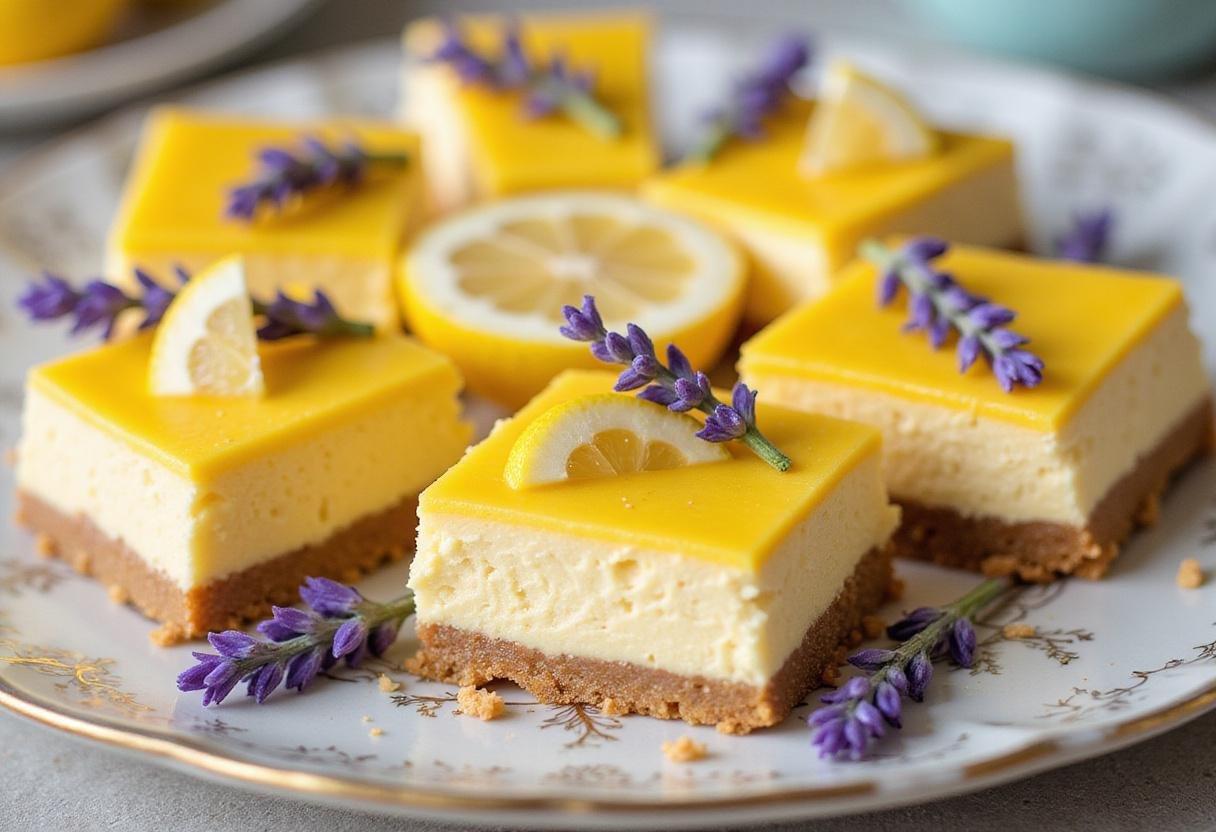 Deliciously presented Golden Hufflepuff Lemon Lavender Cheesecake Bars with Shortbread Crust, showcasing vibrant flavors and perfect texture.