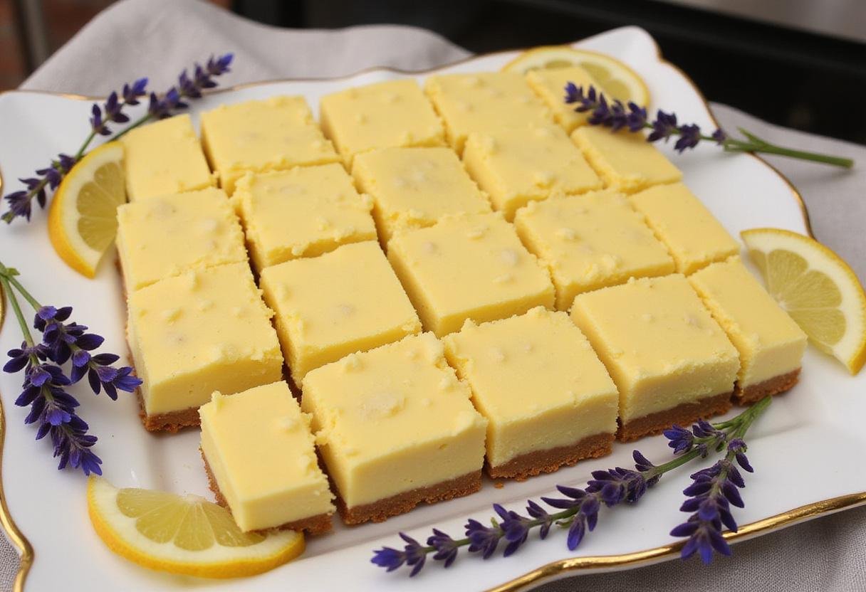 Deliciously presented Golden Hufflepuff Lemon Lavender Cheesecake Bars with Shortbread Crust, showcasing vibrant flavors and perfect texture.