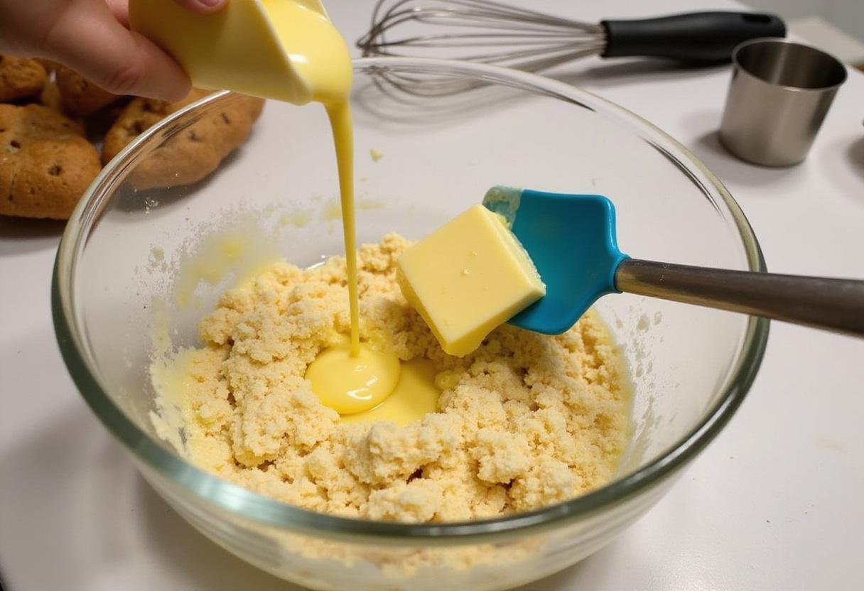 Preparing the shortbread crust for Golden Hufflepuff Lemon Lavender Cheesecake Bars with Shortbread Crust, featuring crushed cookies and melted butter mix.