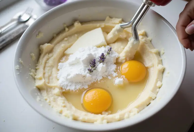 Mixing the cheesecake batter for Golden Hufflepuff Lemon Lavender Cheesecake Bars with Shortbread Crust, highlighting the creamy texture and vibrant flavors.