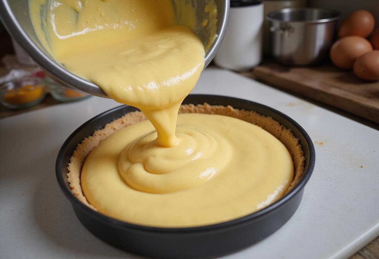 Pouring the lemon lavender cheesecake mixture onto the shortbread crust for Golden Hufflepuff Lemon Lavender Cheesecake Bars with Shortbread Crust.