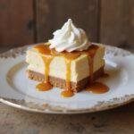 Enjoy a delicious slice of Golden Snitch Butterbeer Cheesecake Bars, showcasing the rich, creamy texture and butterscotch flavor.