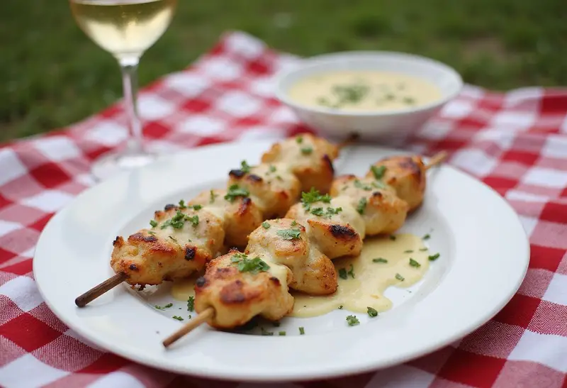 Final presentation of flavorful garlic parmesan chicken skewers served on a blanket, highlighting a perfect summer meal.
