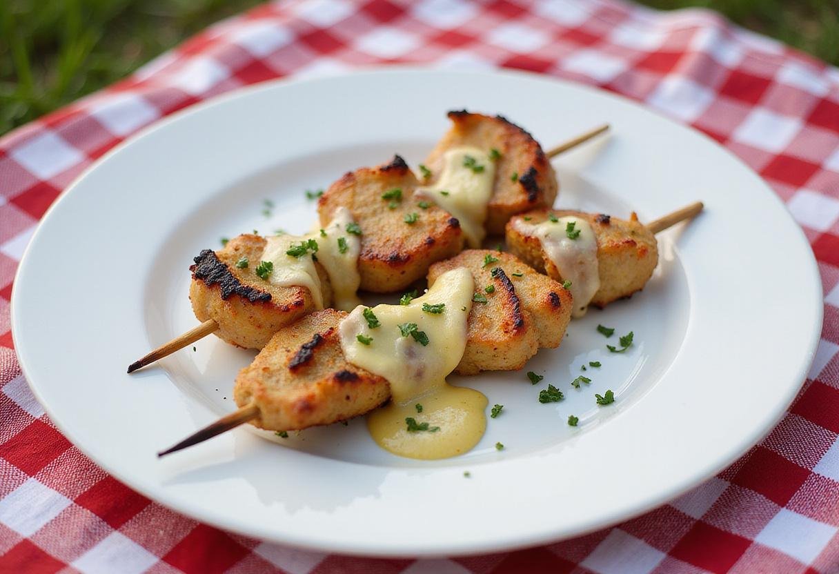 Final presentation of flavorful garlic parmesan chicken skewers served on a blanket, highlighting a perfect summer meal.