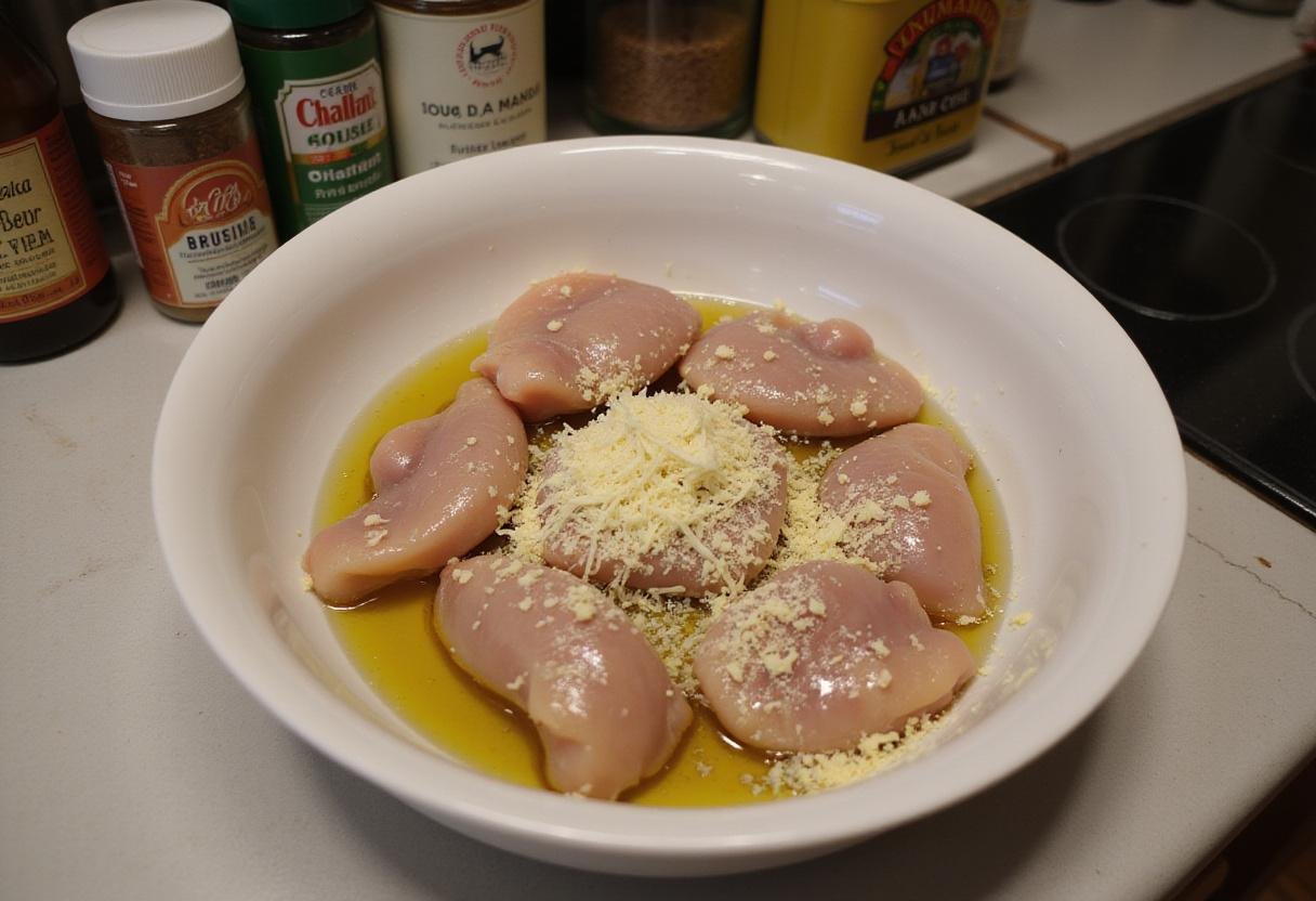 Step 1: Marinating garlic parmesan chicken skewers in a flavorful mix of olive oil and spices for a delicious grill.