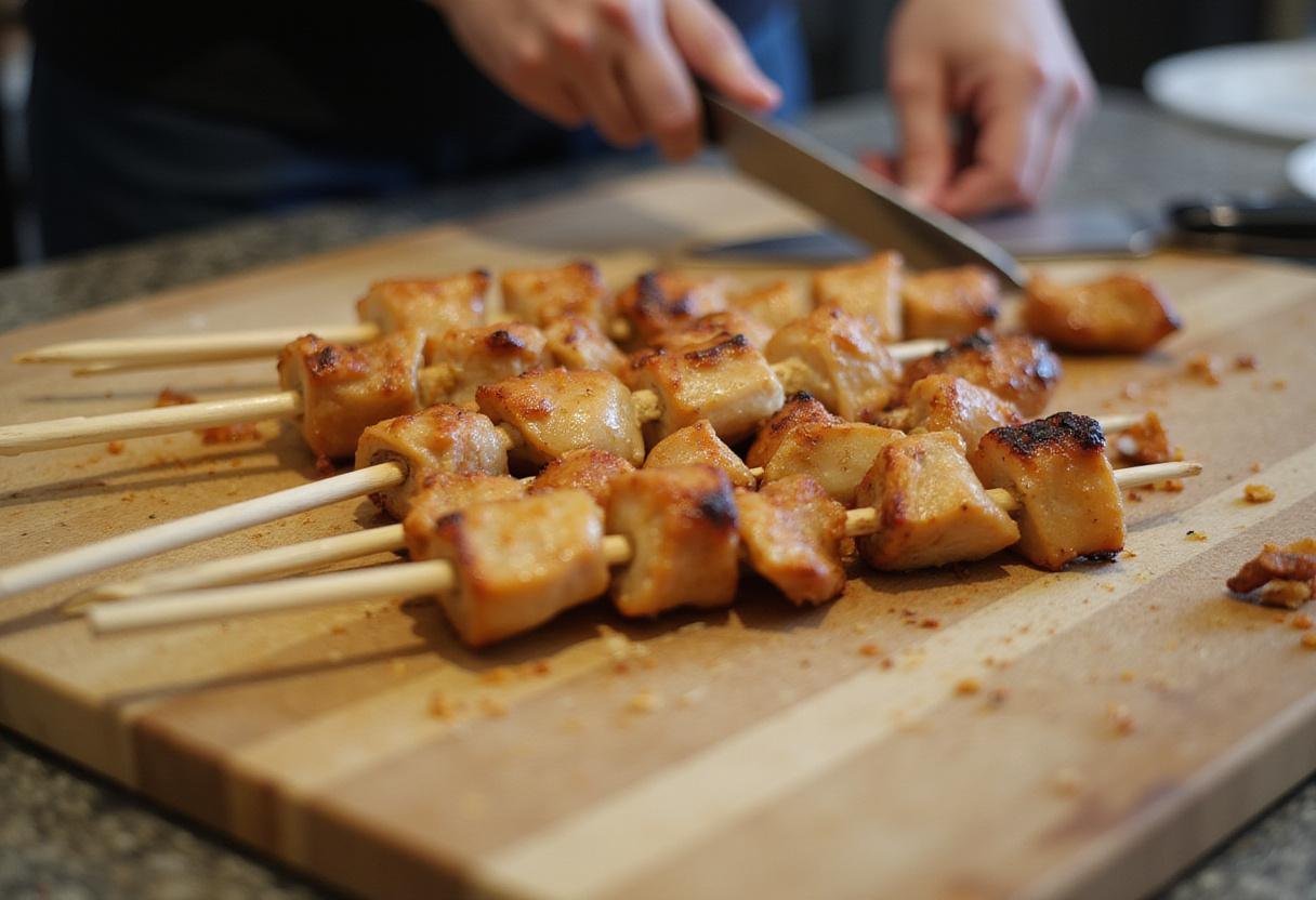 Step 2: Assembling garlic parmesan chicken skewers by carefully threading marinated chicken onto skewers for grilling.