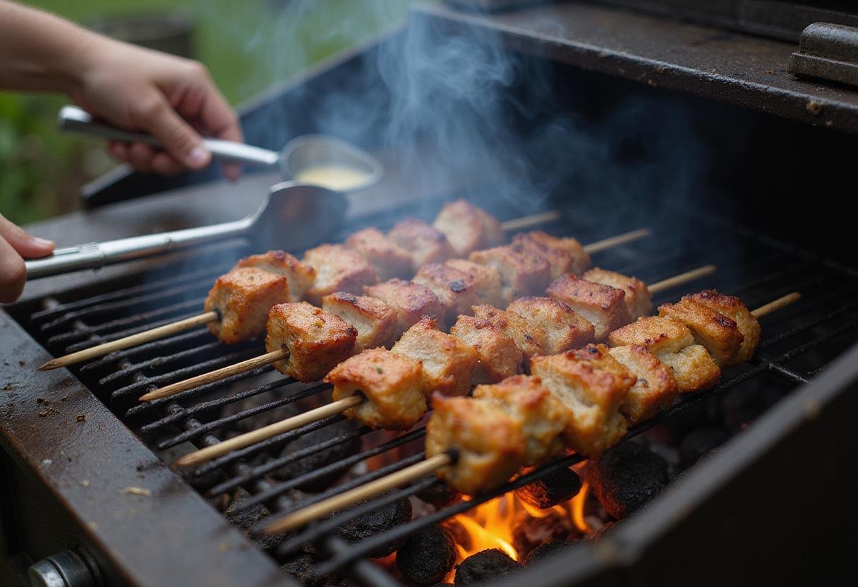 Step 3: Grilling garlic parmesan chicken skewers to perfection, showcasing tantalizing smoke and sizzling audio.