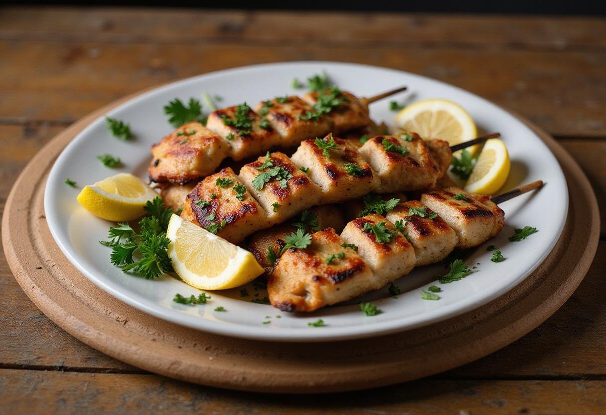 Step 4: Plating the beautifully grilled garlic parmesan chicken skewers, ready to serve with a fresh garnish.