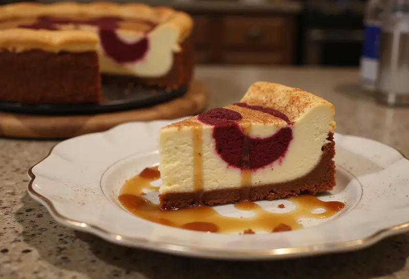 Final presentation of Gryffindor Spiced Caramel Cheesecake with Red Velvet Swirl on a dessert plate with caramel and cinnamon garnishes.