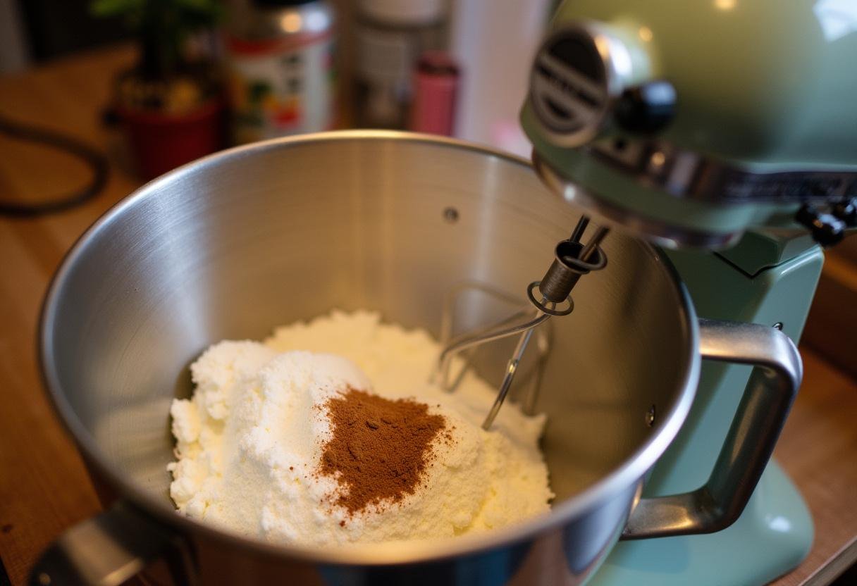 Gryffindor Spiced Caramel Cheesecake preparation with cream cheese, sugar, and cinnamon in a mixing bowl.