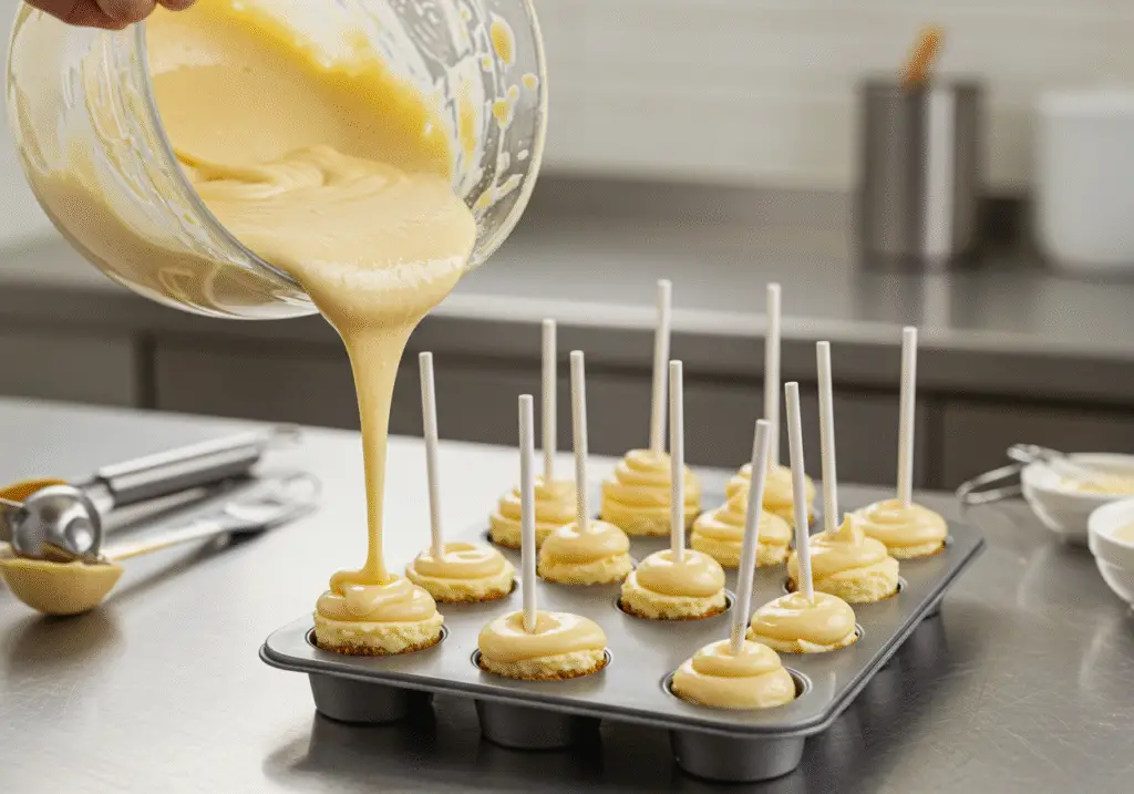 Pops being poured into molds for Harry Potter Butterbeer Cheesecake Pops, illustrating the fun and creativity of making magical desserts.