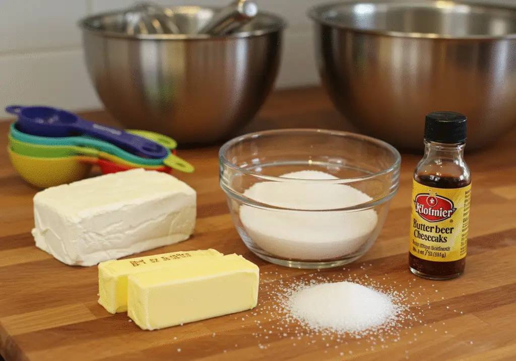 Ingredients for Harry Potter Butterbeer Cheesecake Pops including cream cheese and butterscotch flavoring, perfect for magical desserts.