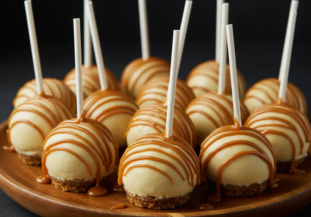 Final presentation of Harry Potter Butterbeer Cheesecake Pops with golden butterscotch drizzle, capturing the magic of this delicious treat.