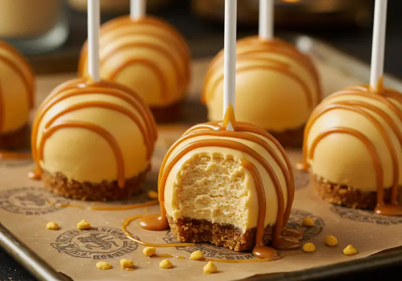 Final presentation of Harry Potter Butterbeer Cheesecake Pops with golden butterscotch drizzle, capturing the magic of this delicious treat.