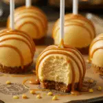 Final presentation of Harry Potter Butterbeer Cheesecake Pops with golden butterscotch drizzle, capturing the magic of this delicious treat.