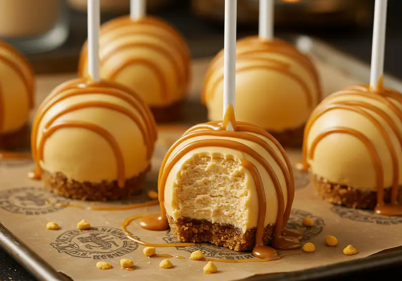Final presentation of Harry Potter Butterbeer Cheesecake Pops with golden butterscotch drizzle, capturing the magic of this delicious treat.