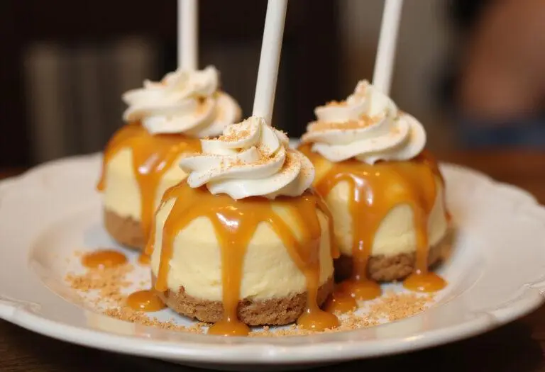 Final presentation of Harry Potter Butterbeer Cheesecake Pops with golden butterscotch drizzle, capturing the magic of this delicious treat.