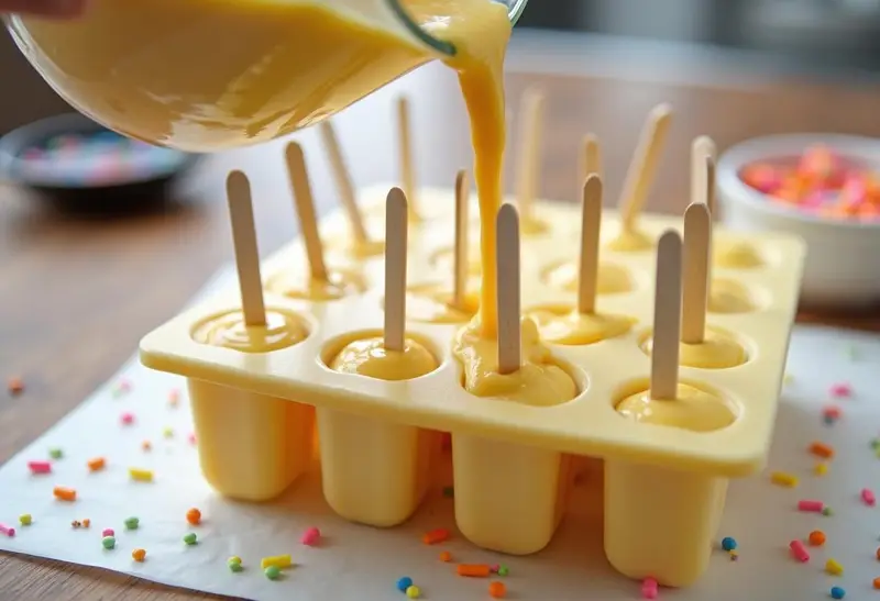 Pouring the luscious cheesecake mix into molds for Harry Potter Butterbeer Cheesecake Pops, a fun and delightful treat.