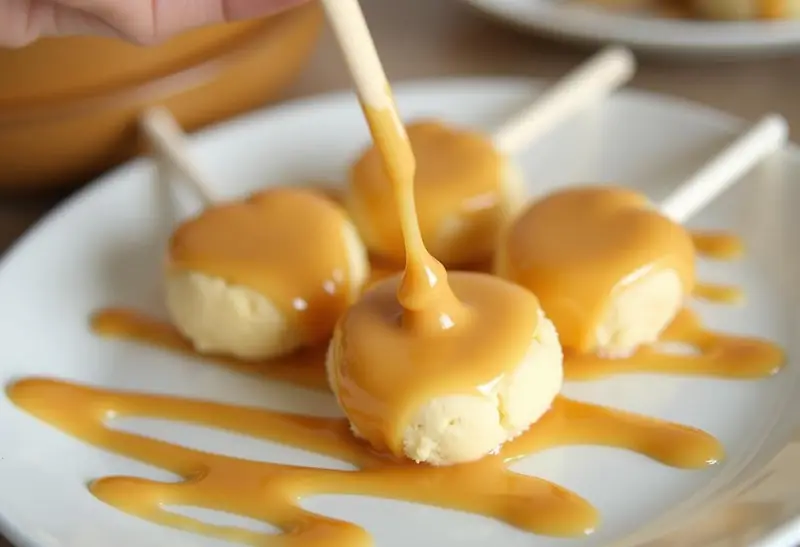 Dipping the frozen Harry Potter Butterbeer Cheesecake Pops into golden butterscotch drizzle, creating a magical dessert experience.