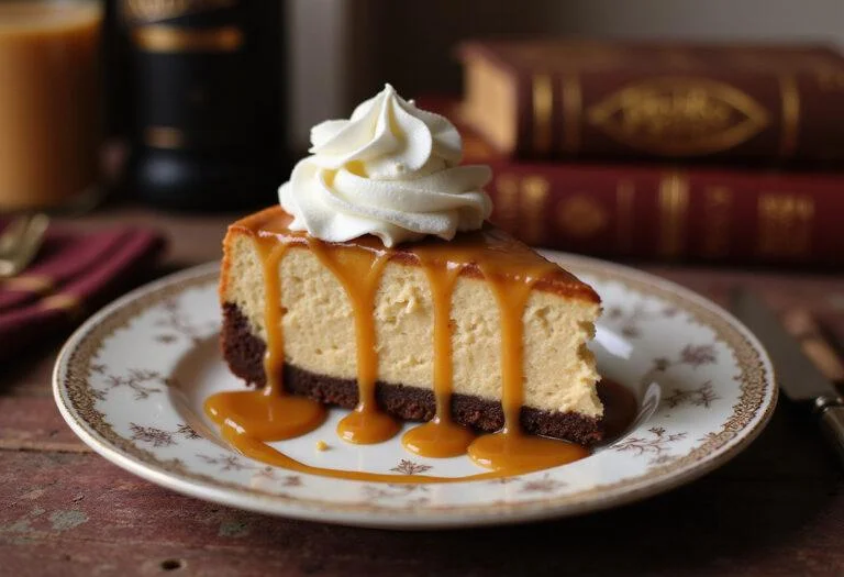Final presentation of Harry Potter Chocolate Bottom Butterbeer Cheesecake, showcasing its delicious layers and flavors.