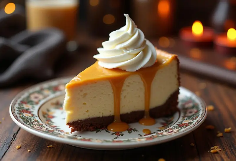 Final presentation of Harry Potter Chocolate Bottom Butterbeer Cheesecake, showcasing its delicious layers and flavors.