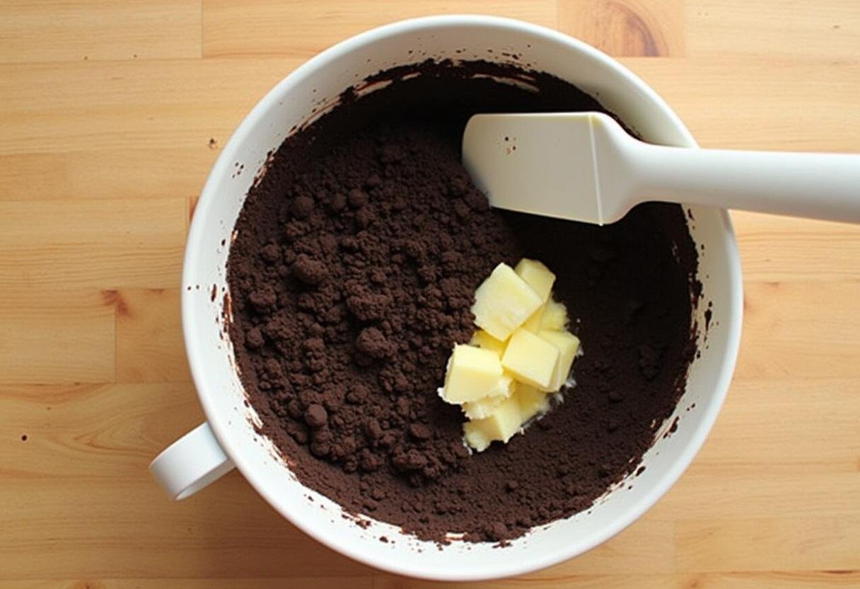 Making the chocolate crust for Harry Potter Chocolate Bottom Butterbeer Cheesecake using crushed cookies and butter.